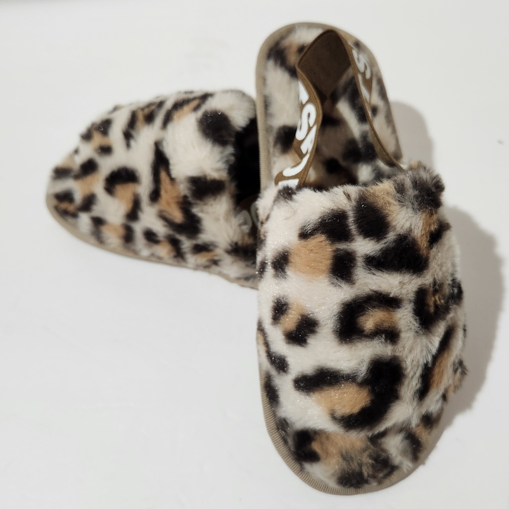 NWOT Leopard Faux Fur Sport Slipper Fuzzy Elastic Sling Back Open Toe Womens 6